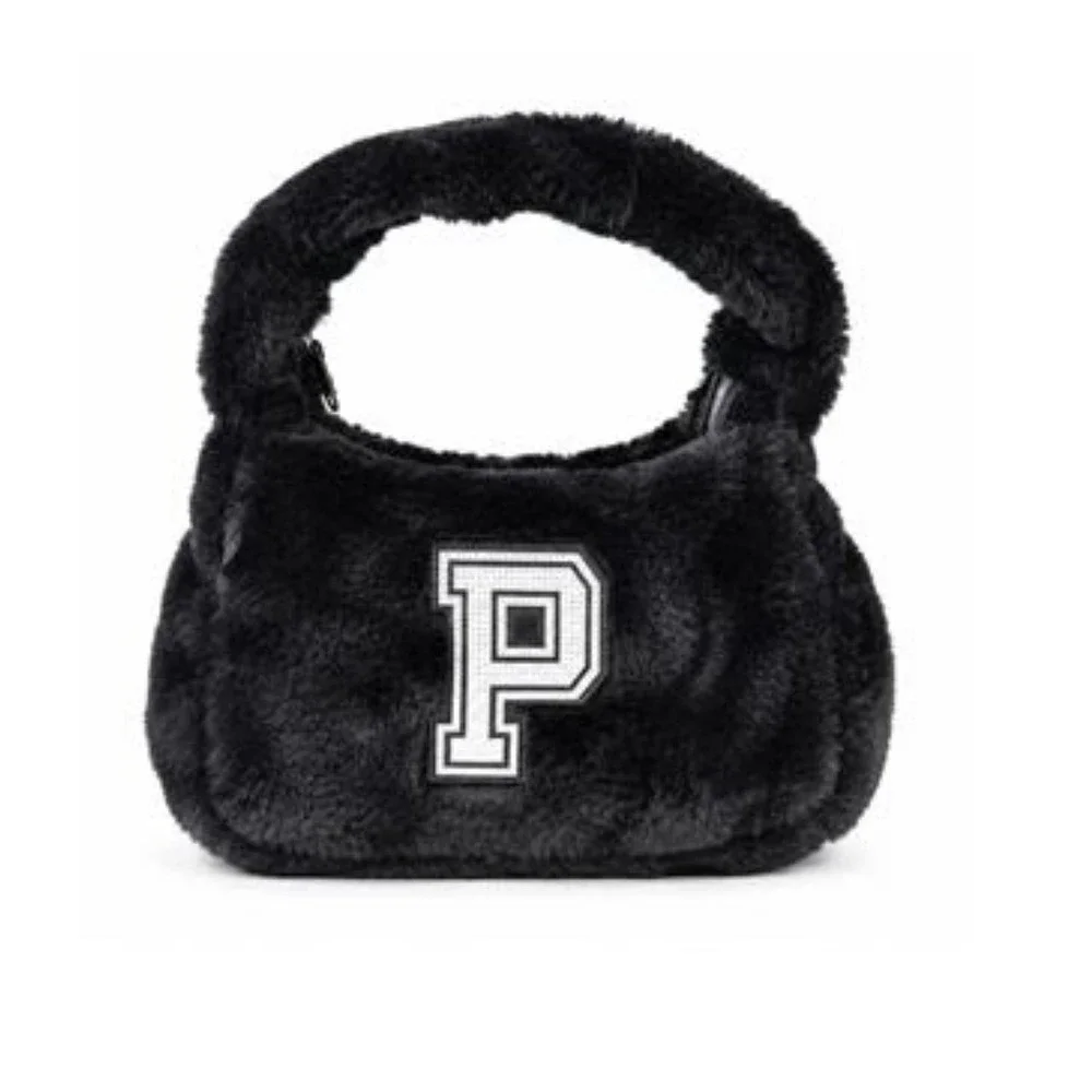 Y2K Paris Hilton Faux Fur Hobo Bag Women Small Black Rhinestone P Bling Patch